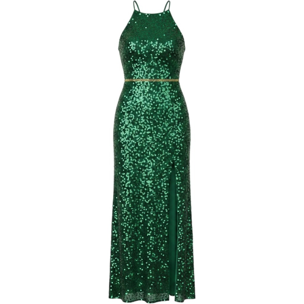 Andretta Donatello Green Silk Beaded Sequin Halter Maxi Gown Dress Womens Small
